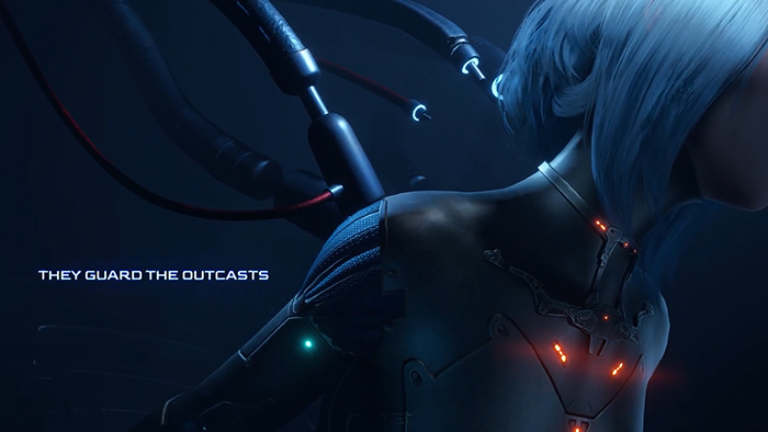 A biomechanical synthetic human from ReBlade: The Death Spiral, standing in a dark, industrial chamber with cables and tubes connected to their back. On-screen text reads: "THEY GUARD THE OUTCASTS."