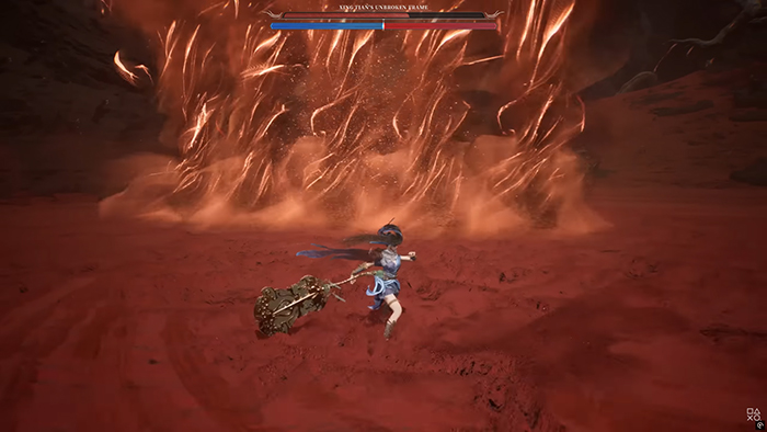 Nezha battling a giant demon in a fiery desert arena in Genigods: Nezha.