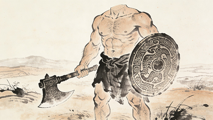 Xingtian, the headless warrior from Chinese mythology, wielding an axe and shield, standing in a barren desert landscape.
