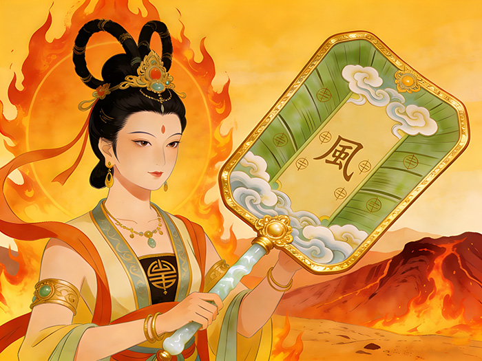 Iron Fan Princess holding the Banana Leaf Fan with the character "Wind" in Chinese, standing before a fiery landscape in a mythological scene.