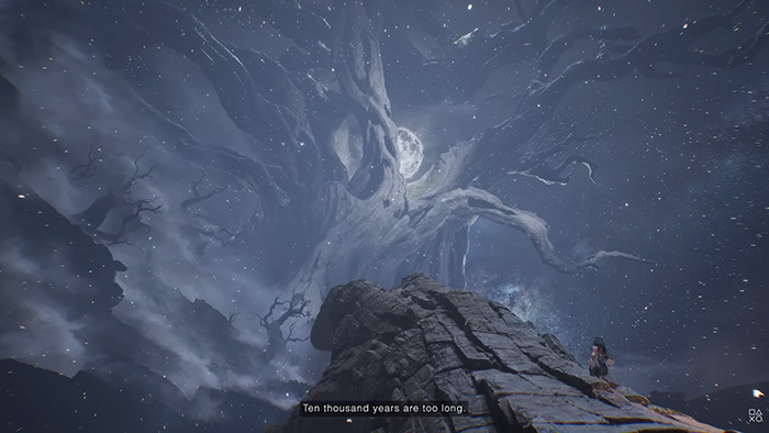 A lone figure stands on a cliff beneath a massive, ancient tree under a full moon in Genigods: Nezha, with the text "Ten thousand years are too long."