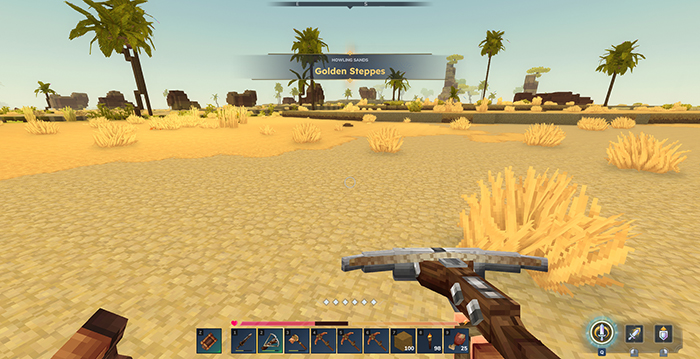 Player wielding a crossbow in the Golden Steppes biome of Hytale, a desert landscape with palm trees, dry grass tufts, and distant stone structures under a clear sky.
