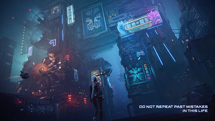 A synthetic human walks through a neon-lit, vertically stacked city in ReBlade: The Death Spiral. The environment blends Eastern architecture with cyberpunk technology, featuring glowing signs and mechanical structures. On-screen text reads: "DO NOT REPEAT PAST MISTAKES IN THIS LIFE."