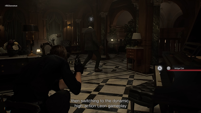 Leon Kennedy crouches with a handgun in a grand hall, aiming at two enemies. Game UI shows 'Antique Coin' collectible.