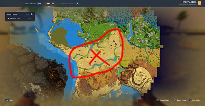 World map in Hytale highlighting a desert region with a red circle and 'X' marking a specific location, indicating a player's point of interest or destination within the game world.