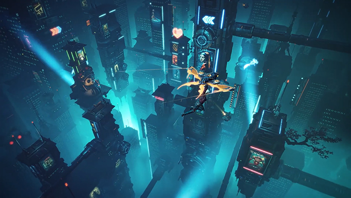 The environment blends Eastern architecture with cyberpunk technology, featuring glowing towers, floating platforms, and mechanical enemies. A large creature with glowing wings attacks from above.