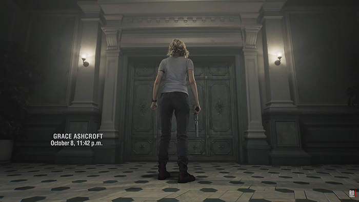 Grace Ashcroft stands before a large ornate door in Resident Evil: Requiem. The scene is set in a grand hallway with checkered flooring and wall sconces, indicating a high-end facility. A timestamp reads "October 8, 11:42 p.m."