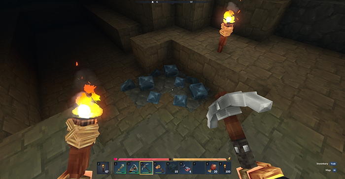 Player mining blue cobalt ore in a dimly lit underground cave with torches, holding a pickaxe in Hytale.