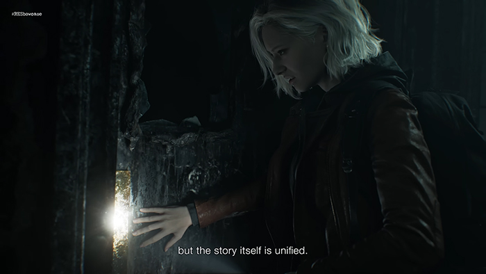 Grace examines a door with a flashlight in a dark room, her hand touching the surface.