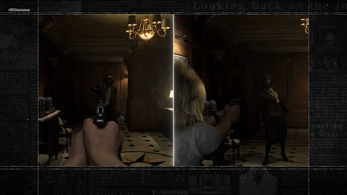 Side-by-side comparison of first-person and third-person gameplay perspectives in Resident Evil Requiem.