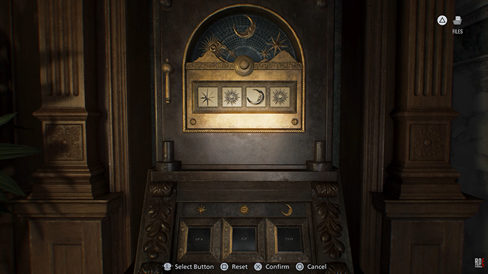 A celestial-themed puzzle lock in Resident Evil: Requiem, featuring symbols of stars and a crescent moon. Players must match patterns to unlock the mechanism, showcasing the game's traditional puzzle-solving mechanics.