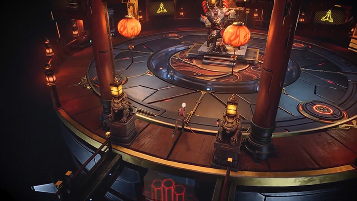 A synthetic human stands on a circular platform in a traditional-style arena, facing a mechanical boss adorned with red lanterns and ritualistic symbols. The environment blends Eastern architecture with cyberpunk technology, featuring glowing patterns and stone statues. 