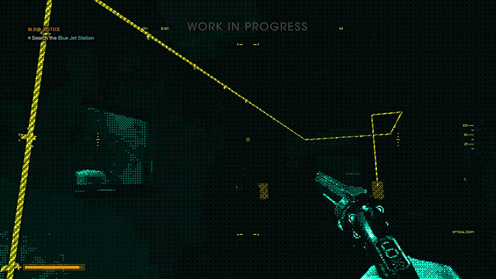 The protagonist of ExeKiller uses an implant to scan the environment.