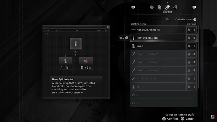 Crafting screen in Resident Evil: Requiem showing the creation of a Hemolytic Injector. The recipe requires one herb and 60 points of scrap material. This item can be used to silently take down infected enemies.
