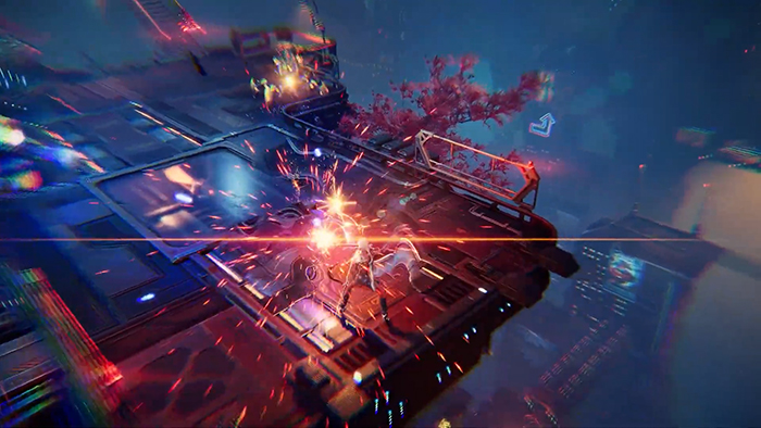 A synthetic human deflects a remote artillery attack on a floating platform in ReBlade: The Death Spiral. Sparks fly as the character uses a defensive ability to repel incoming fire. The environment features neon lighting, cherry blossom trees, and cyberpunk architecture.
