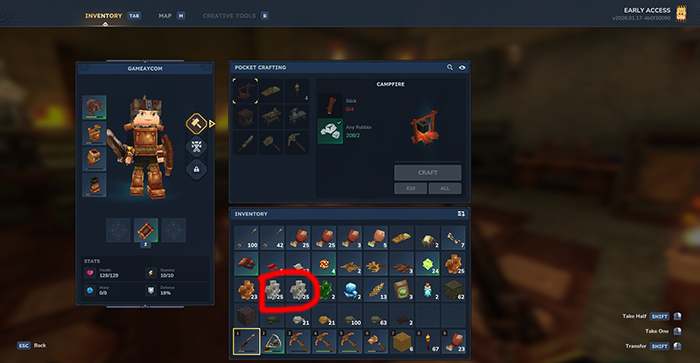 "Player inventory screen in Hytale showing the character equipped with a mechanical armor suit, open crafting menu for a campfire, and various collected resources including iron ore highlighted in the inventory.