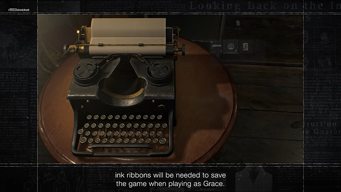 A vintage typewriter on a wooden table, used for saving the game when playing as Grace in Resident Evil Requiem.