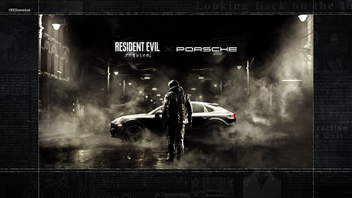 Leon Kennedy stands beside a black Porsche in a foggy, rain-soaked street. Promotional artwork for the Resident Evil Requiem x Porsche collaboration.