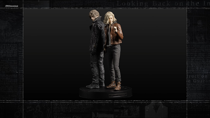 Official Resident Evil Requiem statue featuring Leon Kennedy and Grace, standing side by side on a display base.