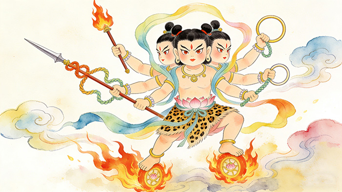 A traditional illustration of Nezha, the three-headed, six-armed deity from Chinese mythology, riding fire wheels and holding his magical weapons: the Fire-tipped Spear, Qiankun Ring, and Huntian Silk.