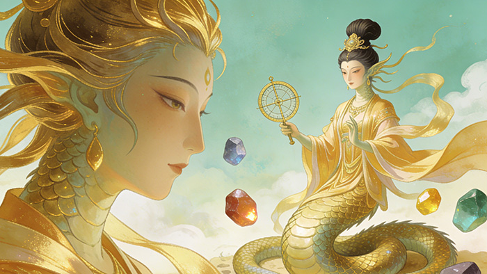 Nüwa, the Chinese goddess of creation, depicted as a golden serpent woman holding a celestial compass, surrounded by floating gems in a mythological scene.