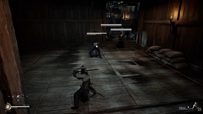 An intense confrontation unfolds inside a dimly lit wooden hall in A Whisper of Fall: Jinyiwei. The protagonist, wielding a sharp sword, engages an armored opponent under the flickering light of candles, showcasing the game’s realistic combat system and atmospheric design.