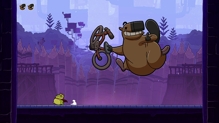 Boss battle in Croak: The Frog Prince faces a giant, grinning mole-like enemy wielding a massive ring weapon in a purple-hued cavern.