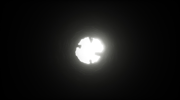 Looking up from the bottom of a well dark silhouettes loom above in the light.