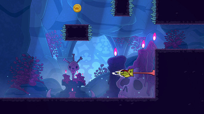 Gameplay screenshot of Croak showing the Frog Prince using his tongue to grapple onto a wall in a dark, candle-lit cave level filled with spikes and skulls.