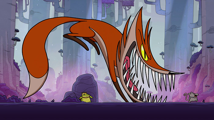 Epic boss encounter in Croak featuring a massive, terrifying fox-like monster with sharp teeth and glowing eyes, towering over the small Frog Prince in a mystical forest.