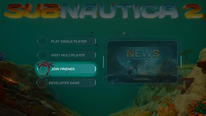Subnautica 2 main menu with multiplayer options: Play Single Player, Host Multiplayer, Join Friends.
