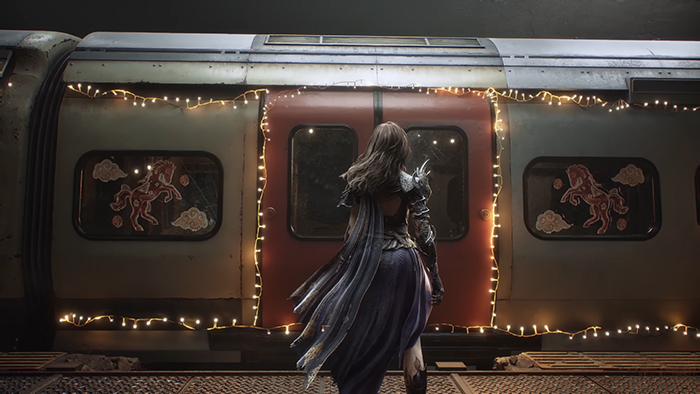 A person in dark travel gear stands on a subway platform facing a train decorated with red horse motifs and festive lights.
