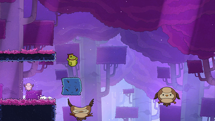 Gameplay screenshot of Croak showing complex platforming with moving blocks, spikes, and various enemies like birds and monkeys in a vibrant purple forest setting.