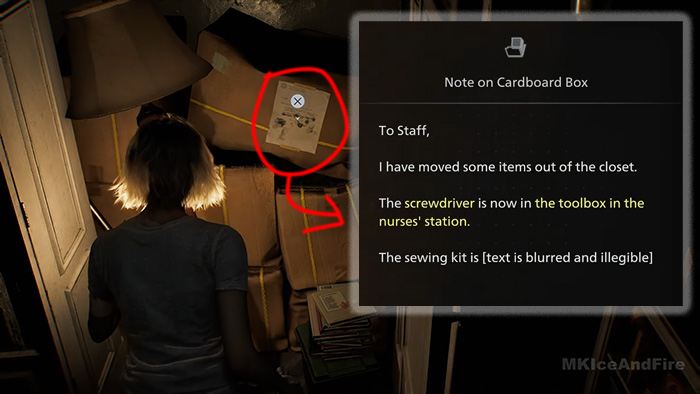 Grace reading Note on Cardboard Box revealing Screwdriver location in Nurses' Station
