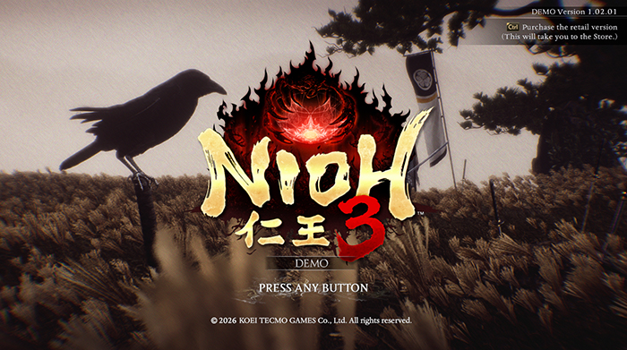 Nioh 3 demo title screen featuring the game logo, a crow on a post, and the "Press Any Button" prompt.