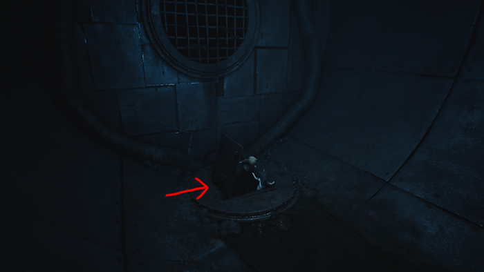 A character peers into a dark manhole cover arrow points to the opening.