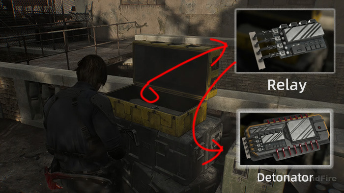 The player combines the Relay part with other components in a yellow case to craft the complete Detonator.
