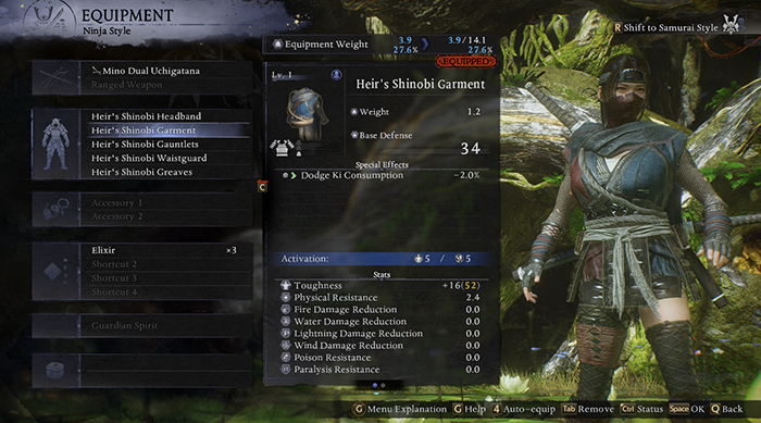 Nioh 3 equipment screen showing Heir's Shinobi Garment stats, including defense, Ki consumption, and resistance bonuses in Ninja Style.