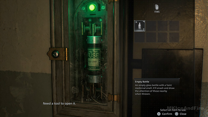 Fuse Box puzzle requiring a tool to open in Resident Evil Requiem