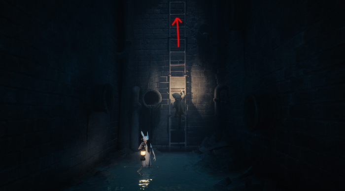 One character climbs a ladder upward while the other watches below.