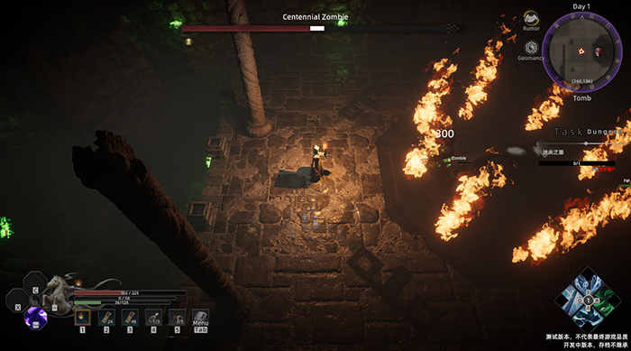 Zhen Xie II gameplay screenshot depicting the protagonist cleverly using environmental hazards to their advantage by triggering a burst of flame to attack a formidable boss. 
