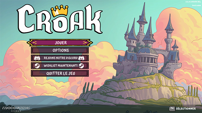 Main menu screen of Croak displaying the game's title with a crown, set against a colorful sky and a castle on a hill. The menu options are in French, including "JOUER" (Play) and "WISHLIST MAINTENANT!" (Wishlist Now!).