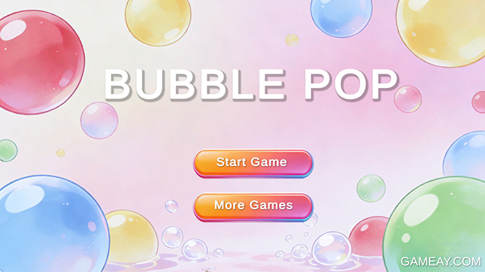 Bubble Pop game start screen with colorful bubbles floating on a pastel pink background. "Start Game" and "More Games" buttons in gradient orange-pink style. GAMEAY.COM watermark at bottom right.