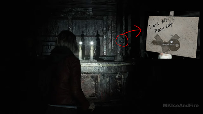 Grace reading a note saying "Let's talk Room 204" in Resident Evil Requiem