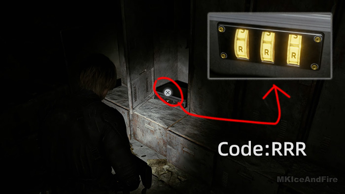 The player inputs the code RRR into a three-digit combination lock on a dark, rusty safe to unlock it.