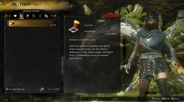 Nioh 3 items menu showing Elixir details, including description and quantity in the inventory.