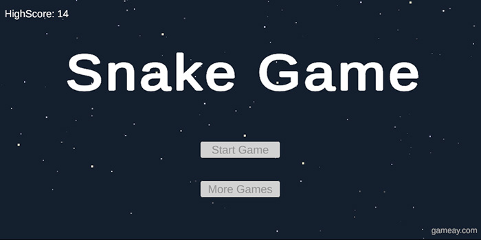 Snake Game start screen with "Start Game" and "More Games" buttons on a starry space background. High score displayed as 14.
