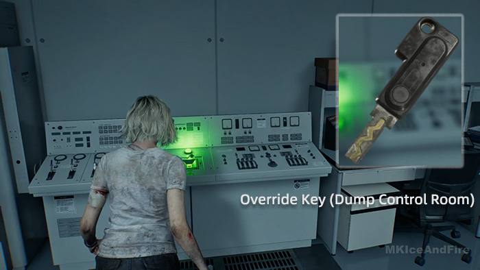 A female character stands at a control console with green lights, having just obtained the Override Key (Dump Control Room).