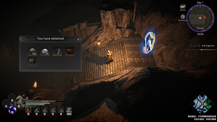 In-game screenshot from Zhen Xie II showing a character exploring a dimly lit tomb. A loot pop-up displays newly obtained items including coins and scrolls. The UI includes a mini-map, skill wheel, and quest tracker, set within a dark, atmospheric dungeon environment.