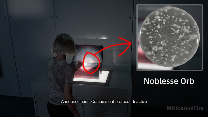 The character opens a glowing case to reveal the Noblesse Orb, while an announcement states "Containment protocol: Inactive".